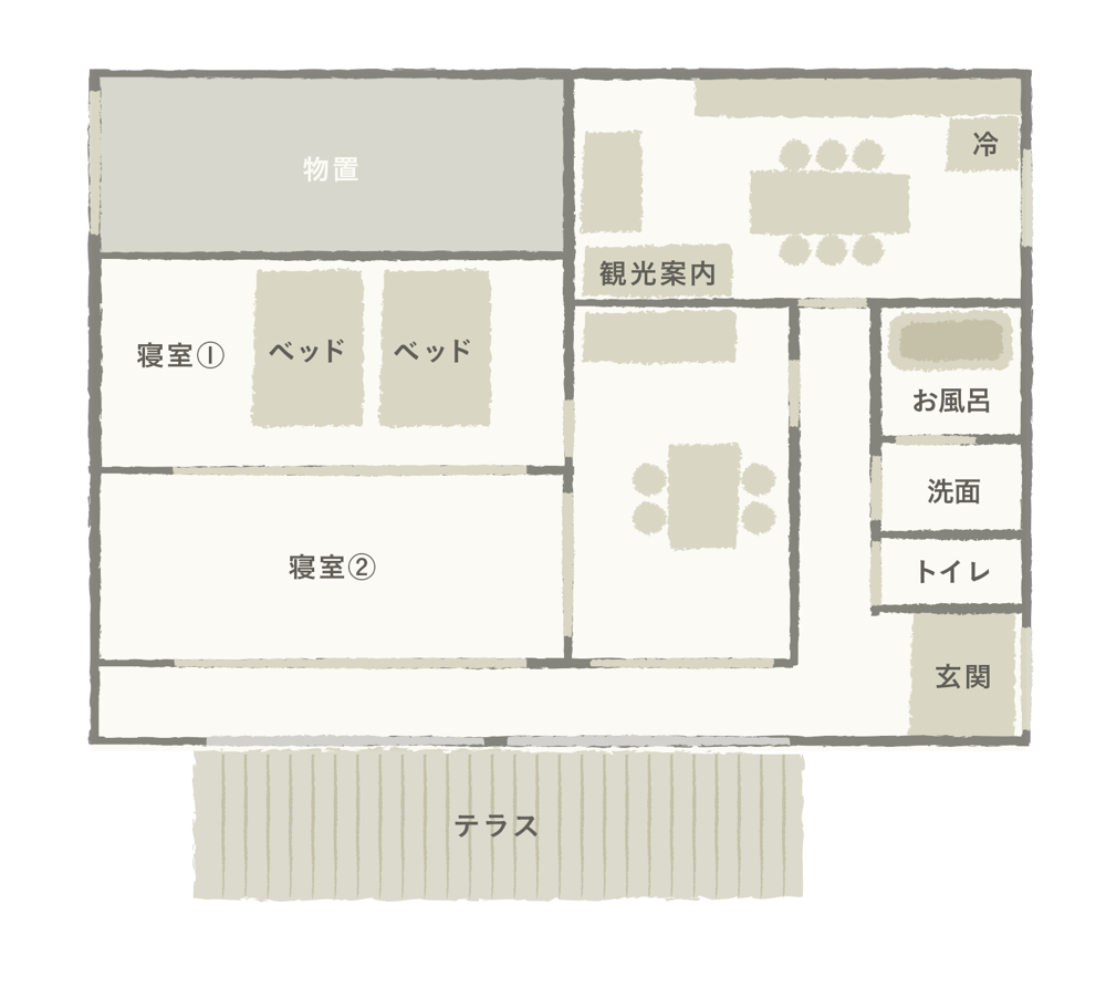 間取り図（寝室①・寝室②・ダイニング・お風呂・縁側）